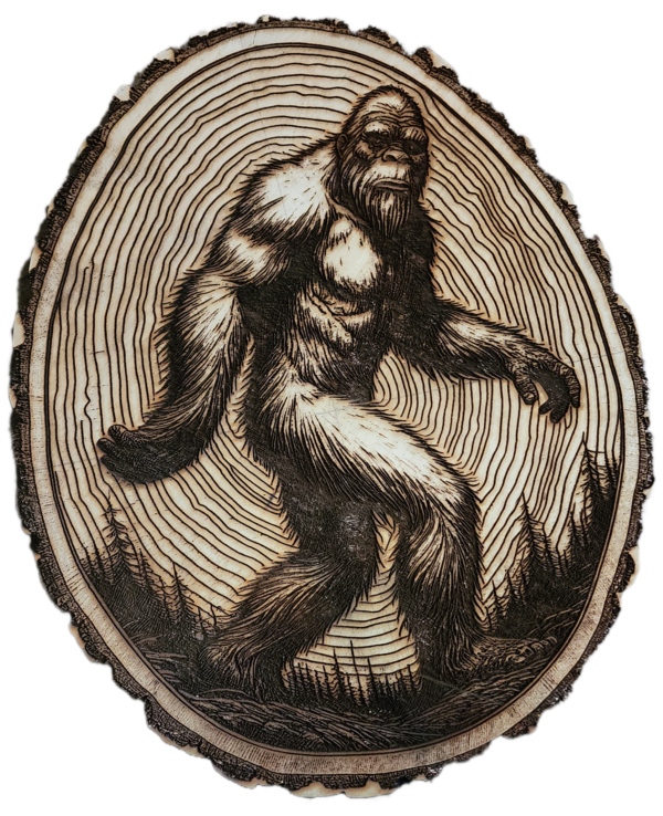 A drawing of a bigfoot on a tree stump.