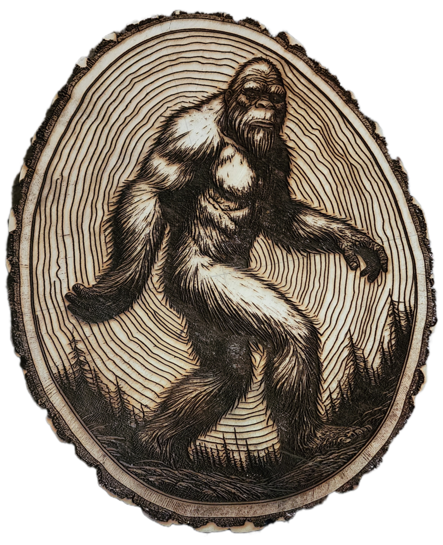 A drawing of a bigfoot on a tree stump.