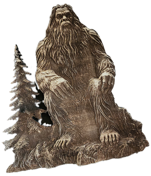 A drawing of a bigfoot statue with trees.