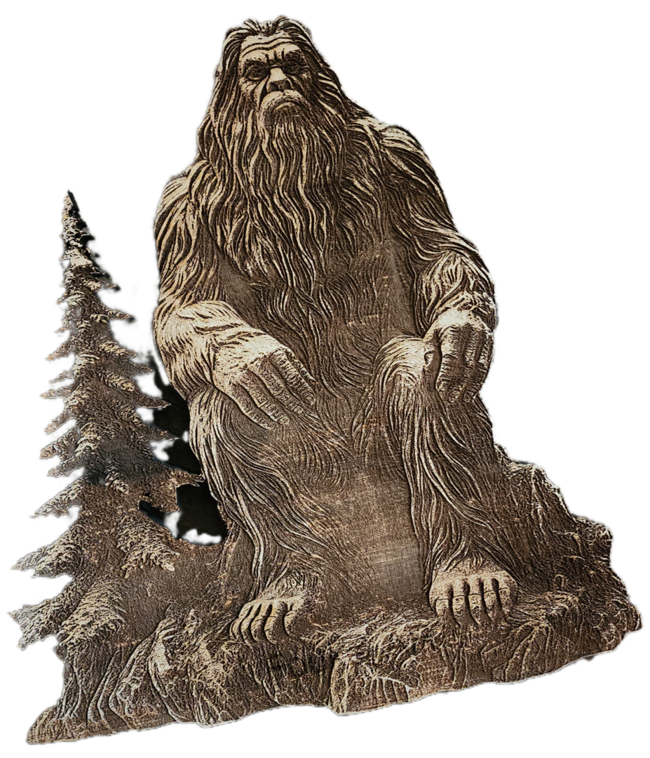 A drawing of a bigfoot statue with trees.