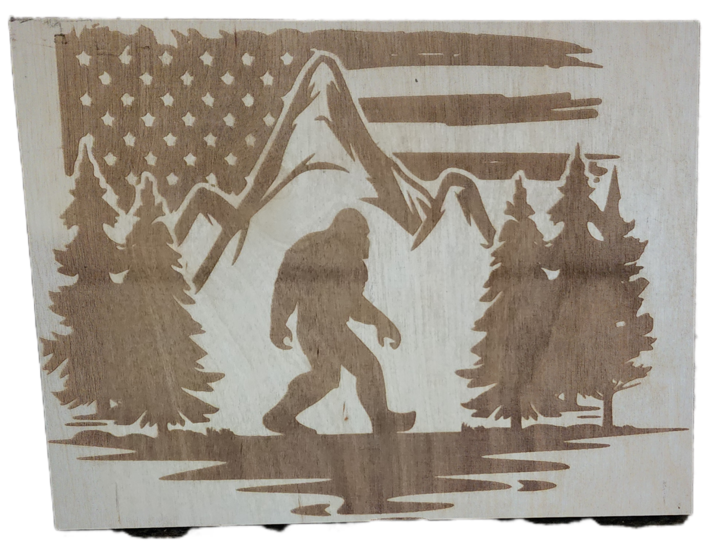 A picture of an american flag and trees with a bigfoot.