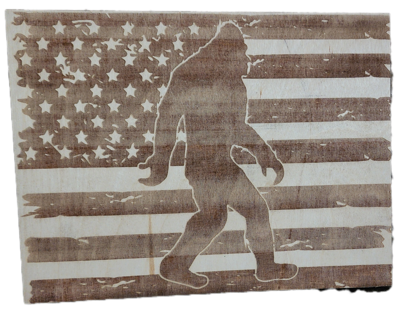 A picture of an american flag with a bigfoot on it.