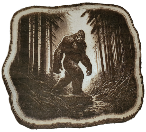 A drawing of a bigfoot in the woods.