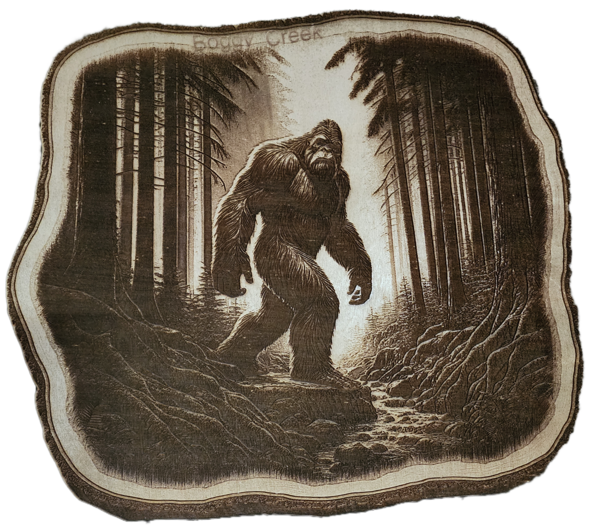 A drawing of a bigfoot in the woods.