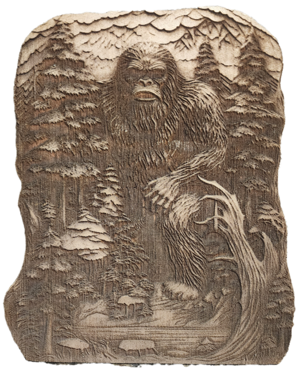 A drawing of a bigfoot in the woods.