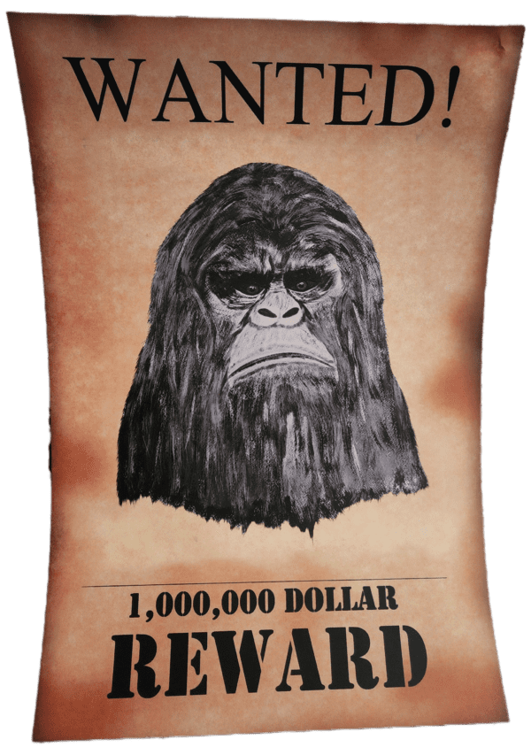 A wanted poster of a gorilla with the words " wanted ".