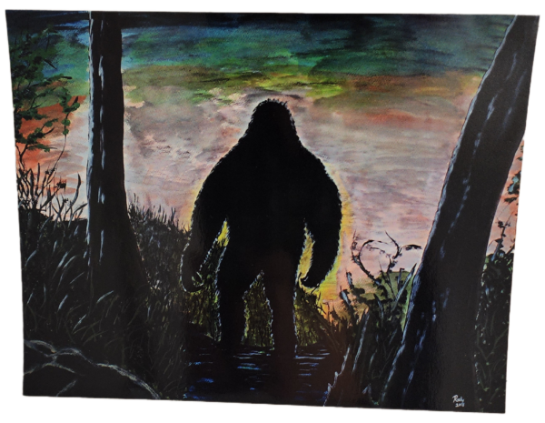 A painting of a bigfoot in the woods