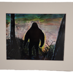 A painting of a bigfoot in the woods.