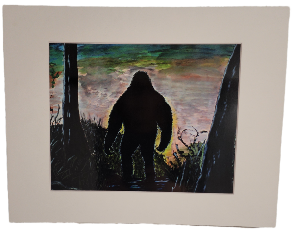 A painting of a bigfoot in the woods.