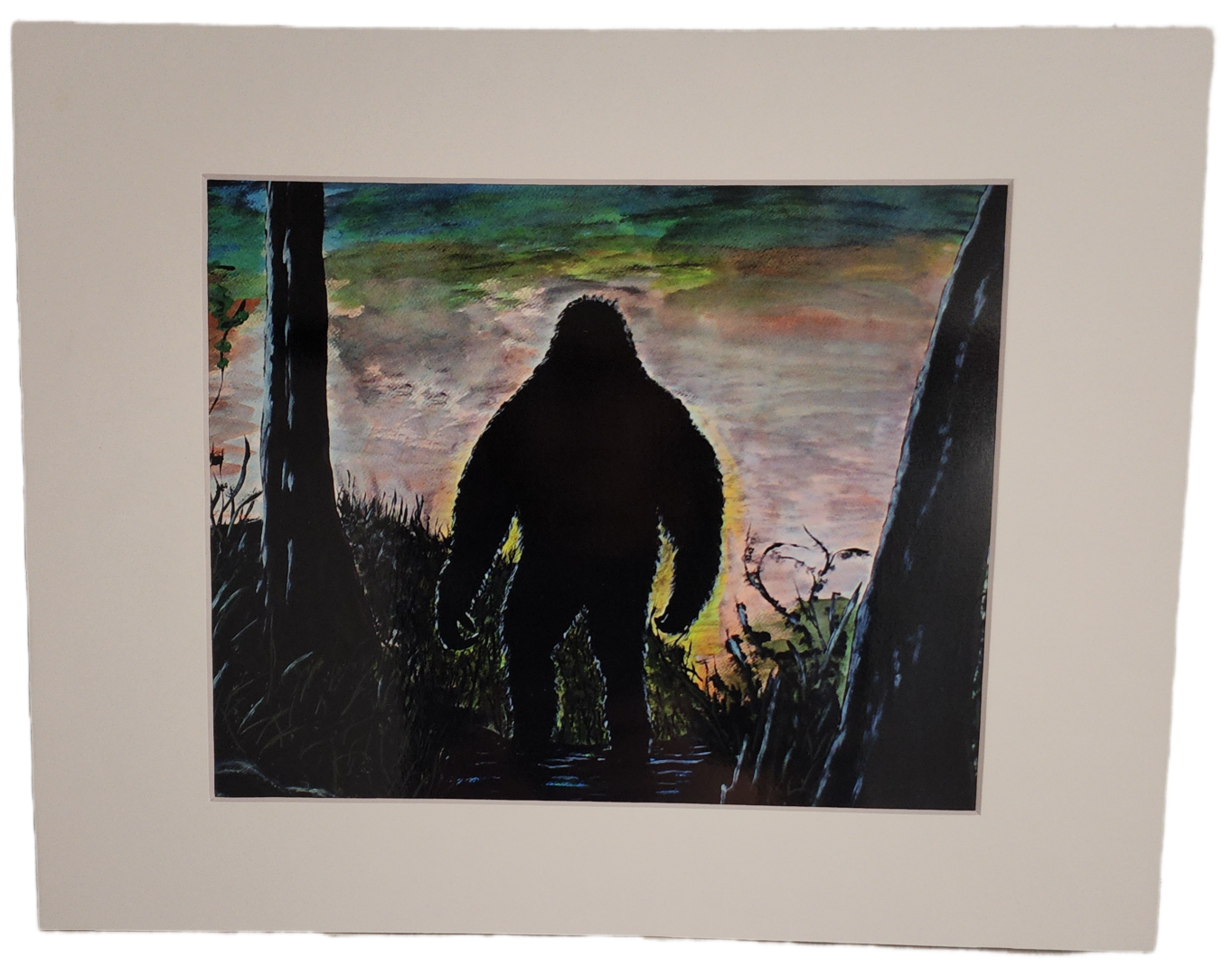 A painting of a bigfoot in the woods.