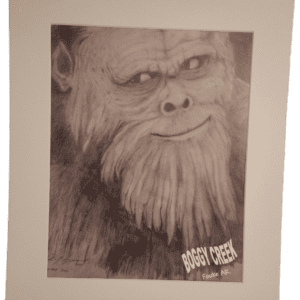 A drawing of an ape with long hair and beard.