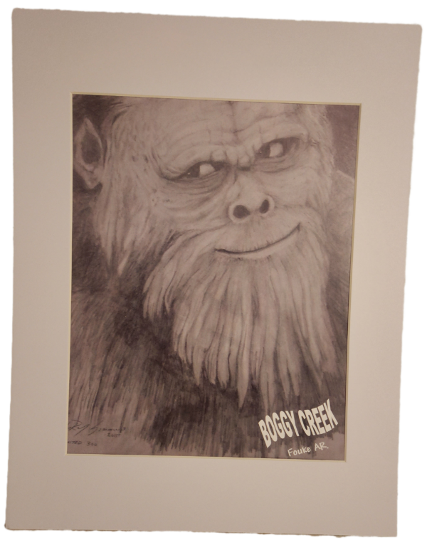 A drawing of an ape with long hair and beard.