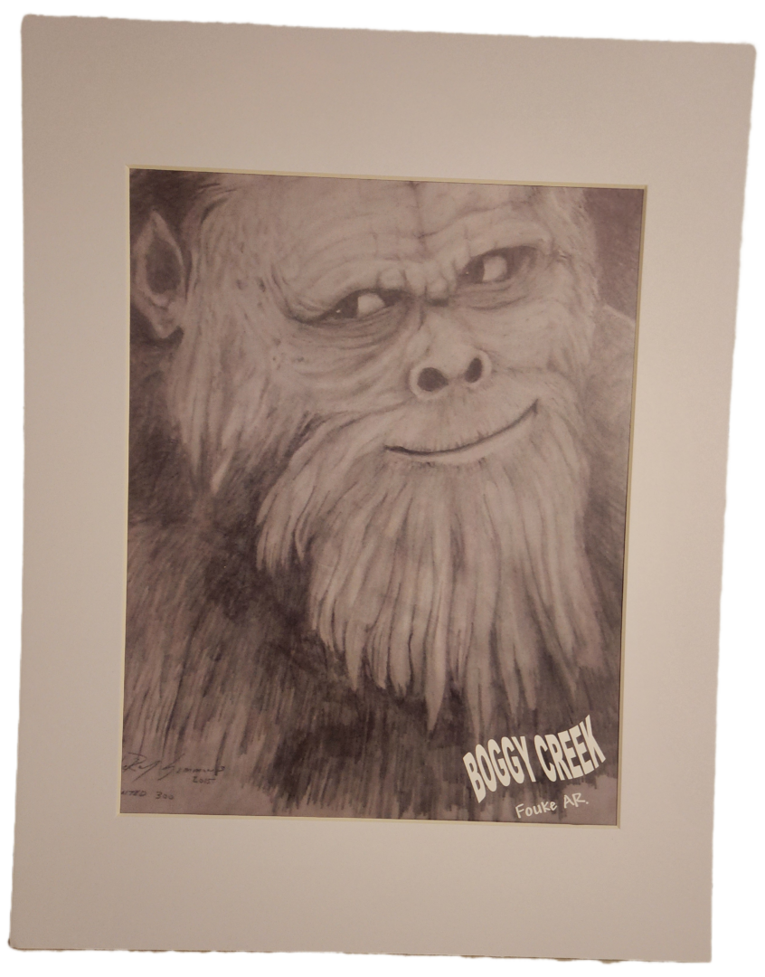 A drawing of an ape with long hair and beard.