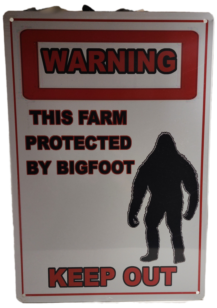 A sign warning of bigfoot is shown.