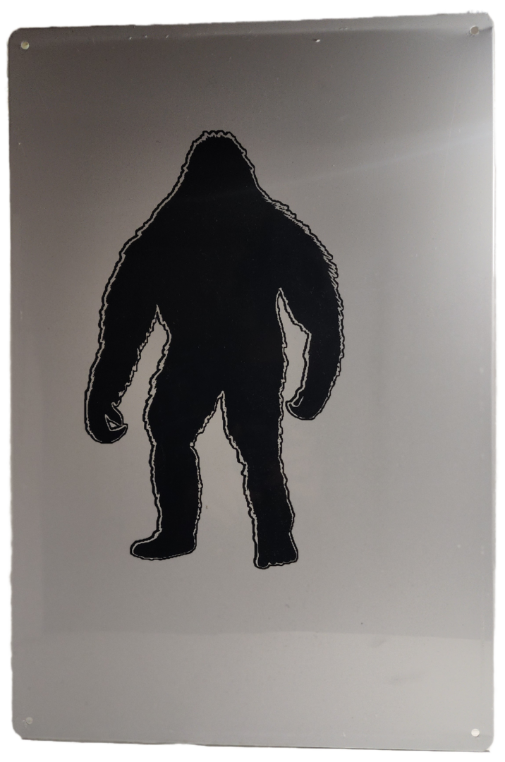 A silhouette of a bigfoot standing in front of a mirror.