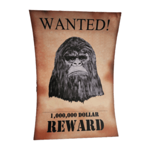 A wanted poster of a gorilla with the words " wanted !" written on it.