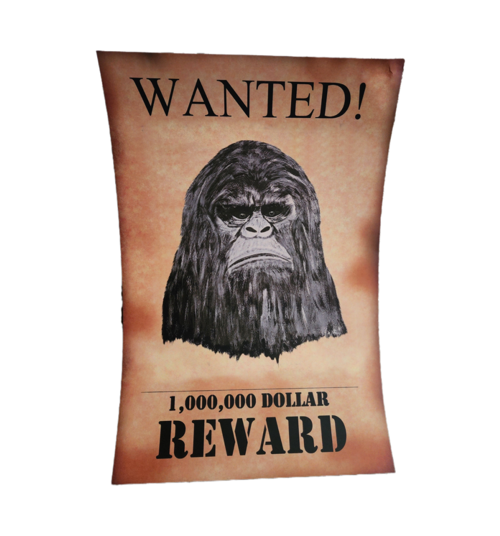 A wanted poster of a gorilla with the words " wanted !" written on it.