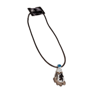 A necklace with a blue stone on it.