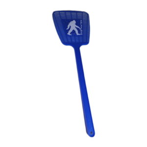 A blue fly swatter with an image of a person on it.