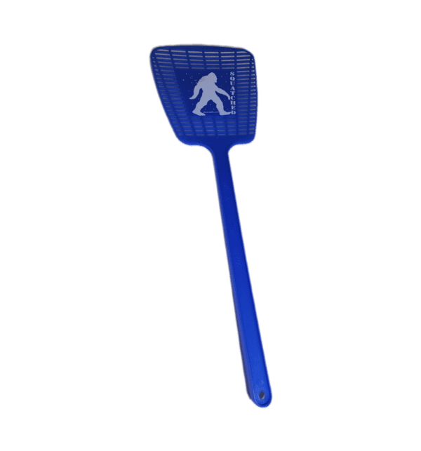 A blue fly swatter with an image of a person on it.