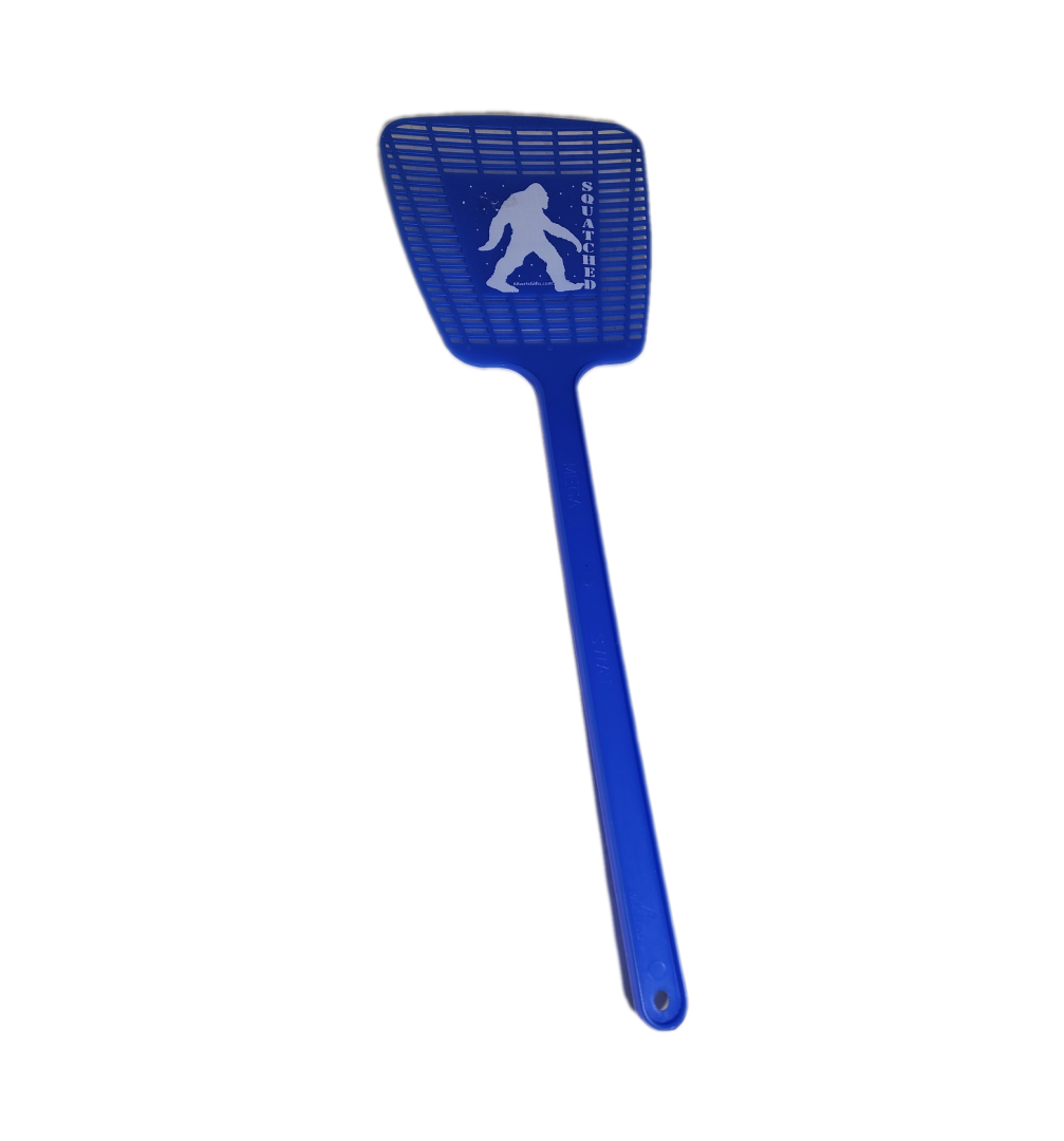 A blue fly swatter with an image of a person on it.