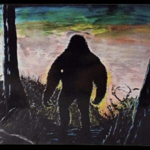 A painting of a bigfoot in the woods