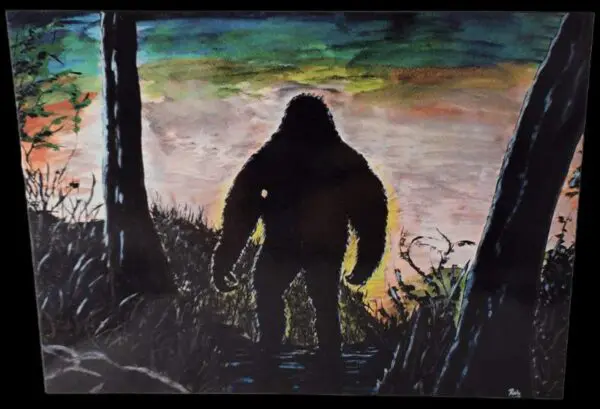 A painting of a bigfoot in the woods