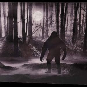 A picture of a bigfoot in the woods.