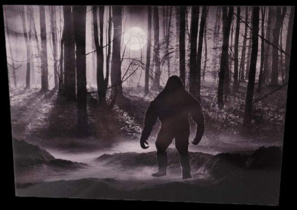 A picture of a bigfoot in the woods.