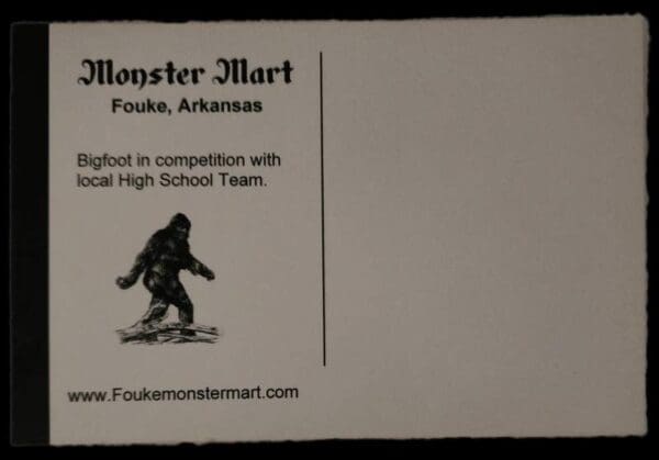 A business card with an image of a bigfoot.